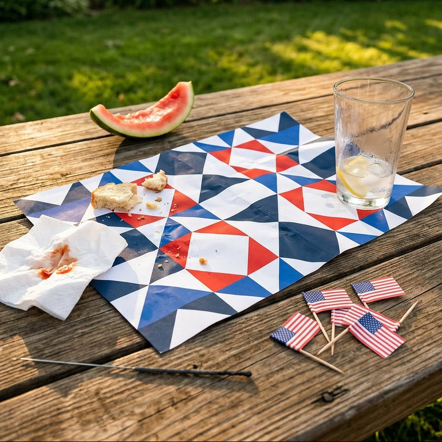 Outdoor setting with a wooden table featuring a patriotic quilt paper placemat, watermelon, glass, and small flags.