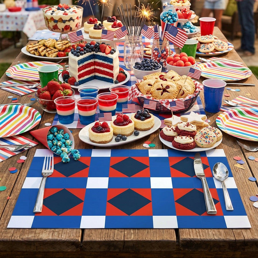 Outdoor table setting with patriotic decorations, paper placemat, food, and people in the background.