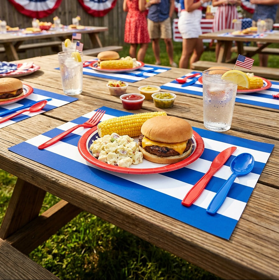 Outdoor picnic scene with blue and white striped paper placemats, burgers, corn on the cob, and American flags in a backyard setting.