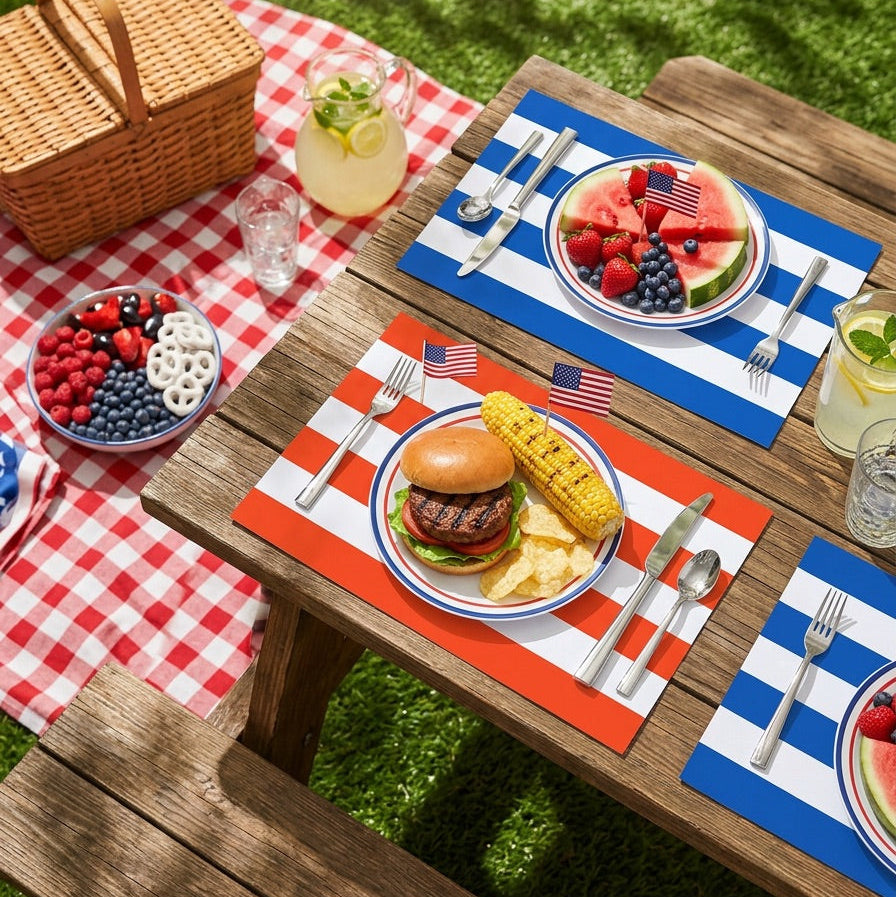 Outdoor picnic setup with striped paper placemats, plaid tablecloth, and food including burgers and fruit.