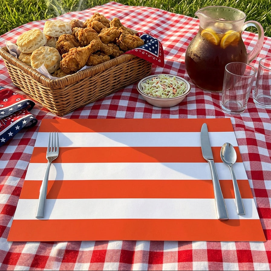 Picnic setup with food, drinks, and cutlery on a red and white striped paper placemat and checkered tablecloth.