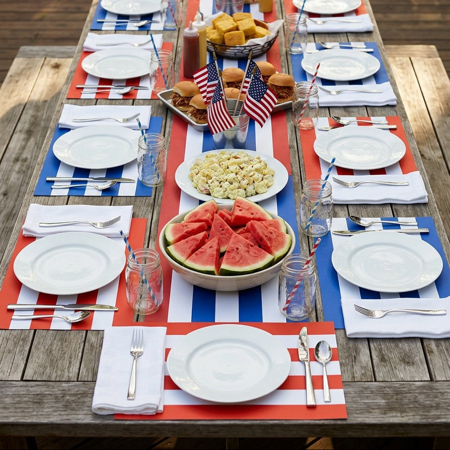 Outdoor table setting with American flag decorations and food on patriotic striped paper placemats.