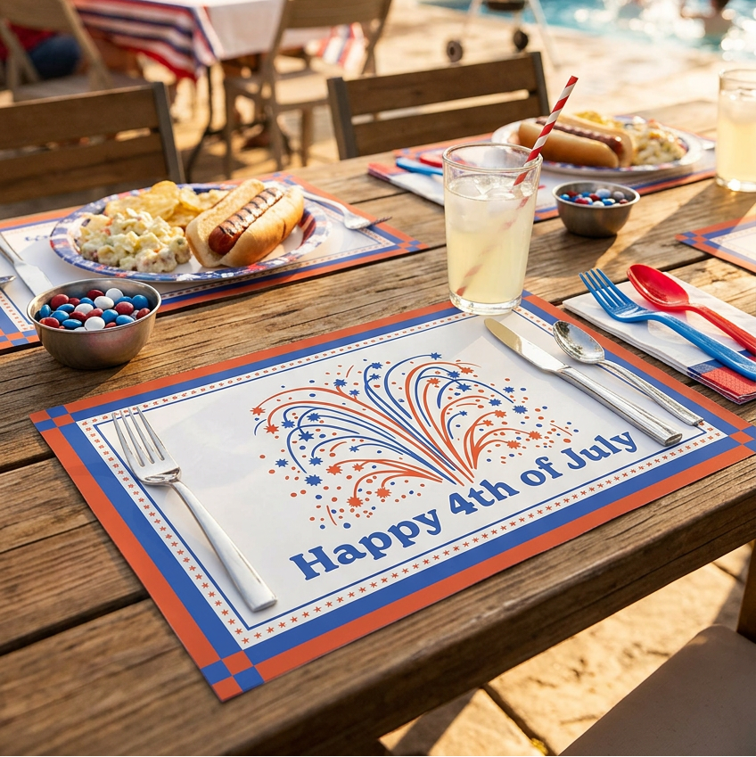 Outdoor setting with a table set for a 4th of July celebration, featuring hot dogs, corn, and a drink.