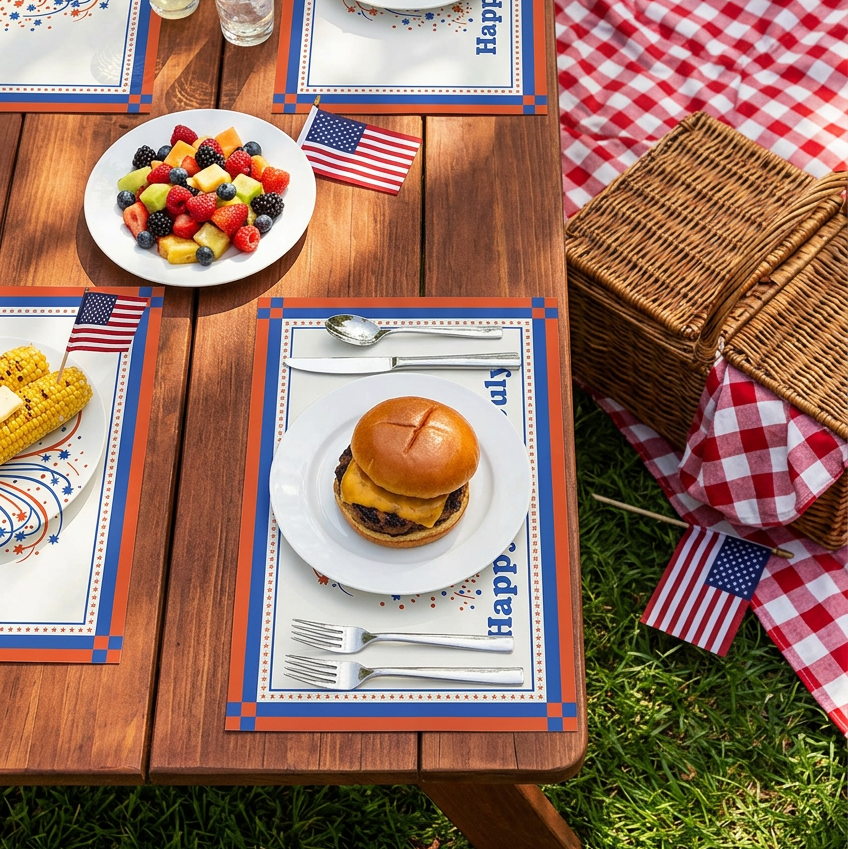Picnic setup with food on a wooden table outdoors, featuring corn on the cob, fruit salad, and a hamburger.
