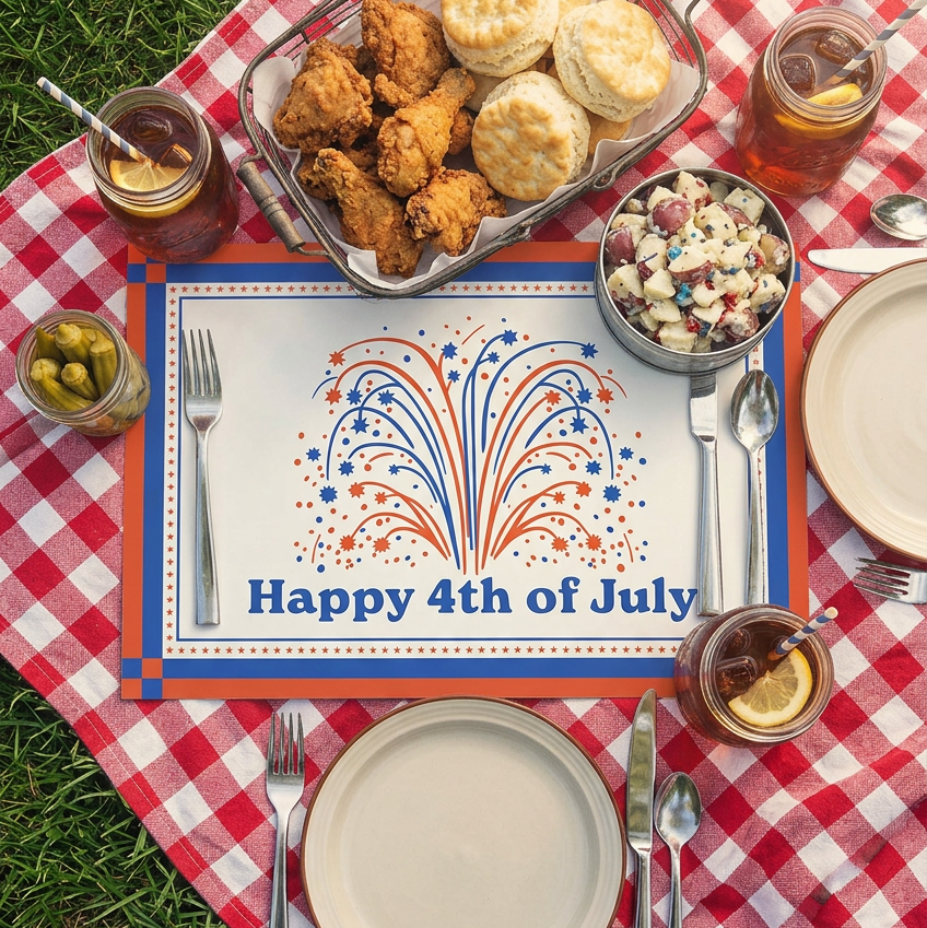 Outdoor picnic setup with a 'Happy 4th of July' paper placemat, food, and drinks on a red and white checkered tablecloth.