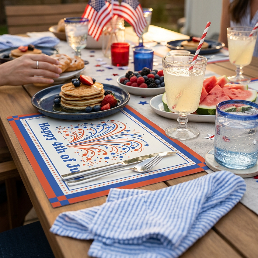 Outdoor table setting with food, drinks, and American flags on a 'Happy 4th of July' paper placemat.