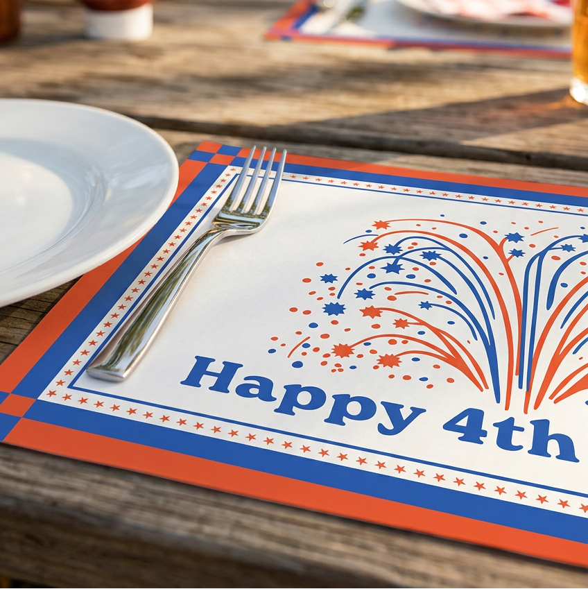 Table setting with 'Happy 4th' paper placemat, ketchup bottle, and blurred background of people.