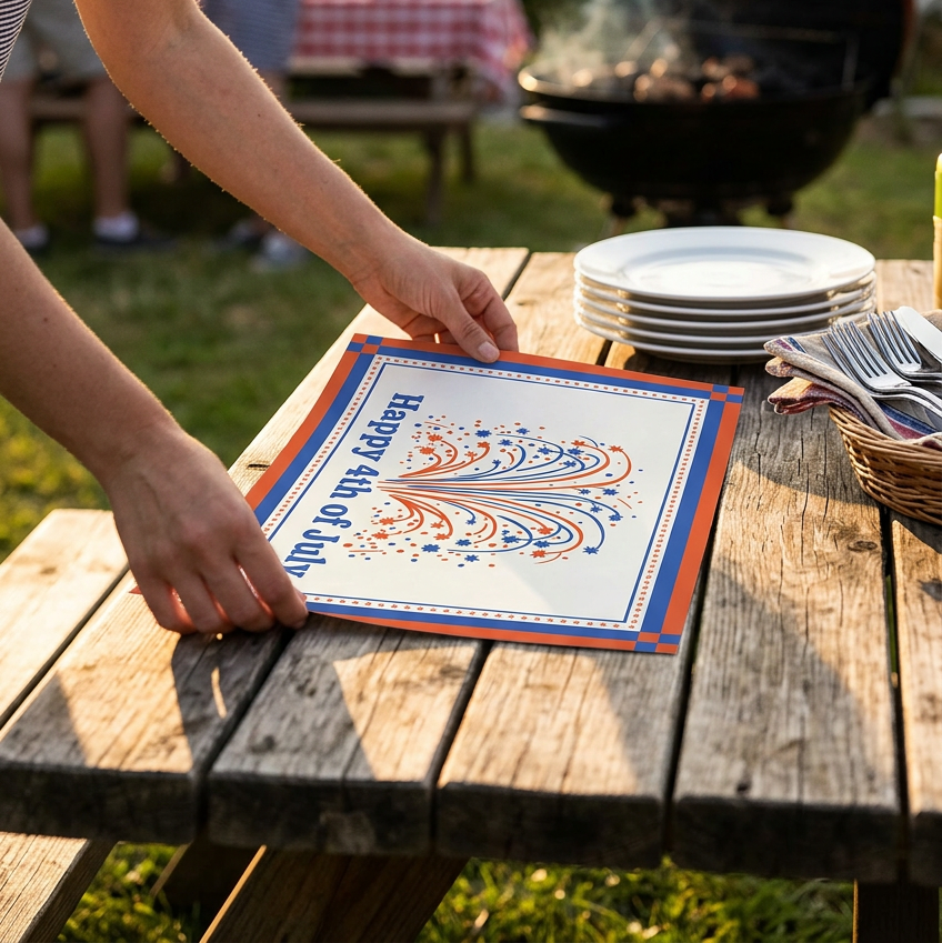Person setting a table with a decorative paper placemat outdoors, surrounded by people and a grill.