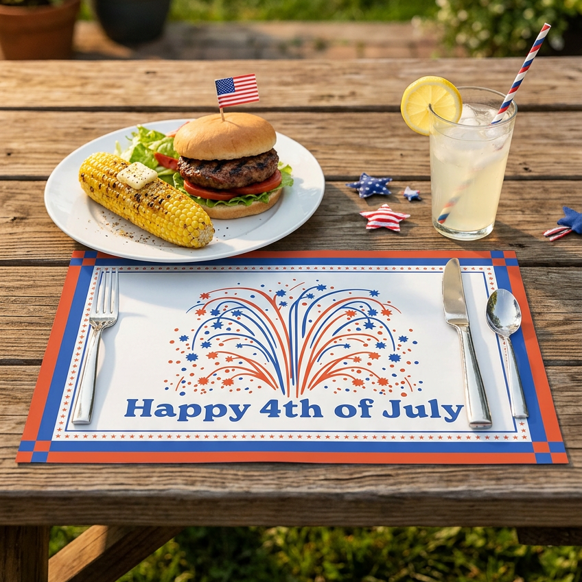 Outdoor setting with a 'Happy 4th of July' paper placemat, burger, corn on the cob, and drink.