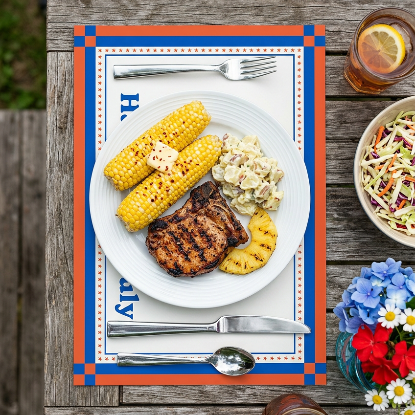 Outdoor dining scene with a plate of food, drinks, and flowers on a wooden table.