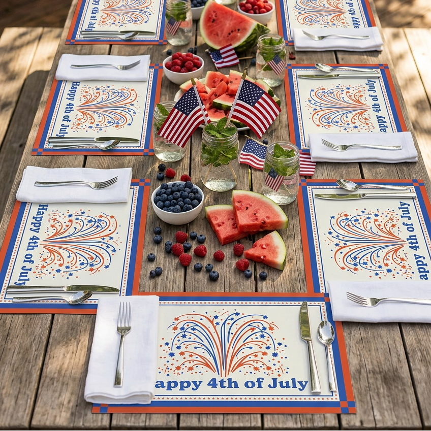 Outdoor table setting with July 4th decorations, including watermelon, flags, and paper placemats.