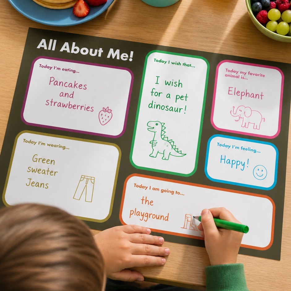 Child filling out a 'All About Me' worksheet with a plate of pancakes, juice, and coloring supplies on a table.