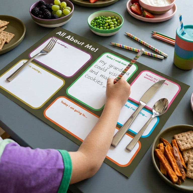 Child's hand reaching for cutlery on a placemat with food and educational materials at a dining table.