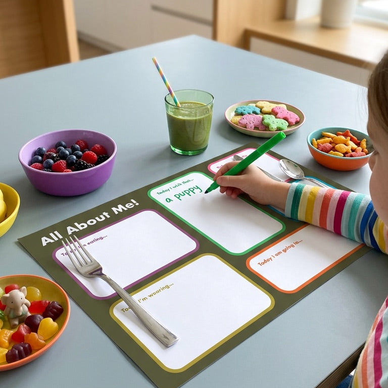 Child coloring at a table with a 'All About Me' placemat in a kitchen setting