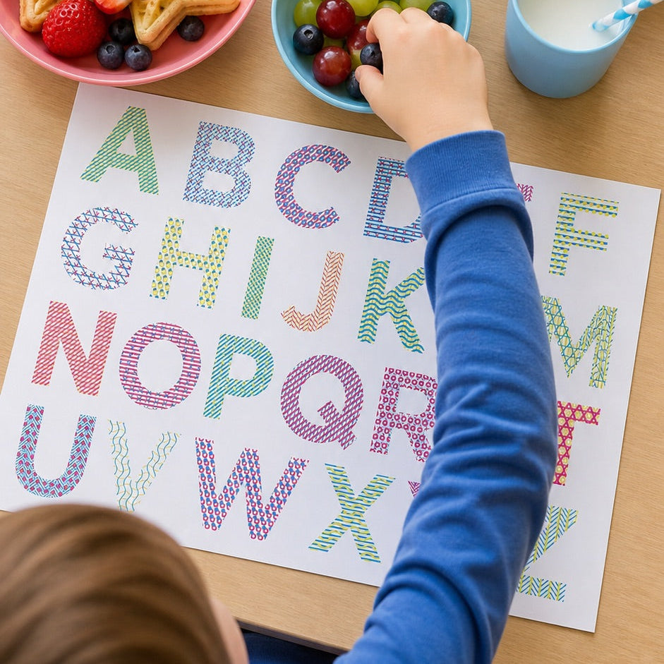 Child at a table with alphabet paper placemat, food, and coloring supplies