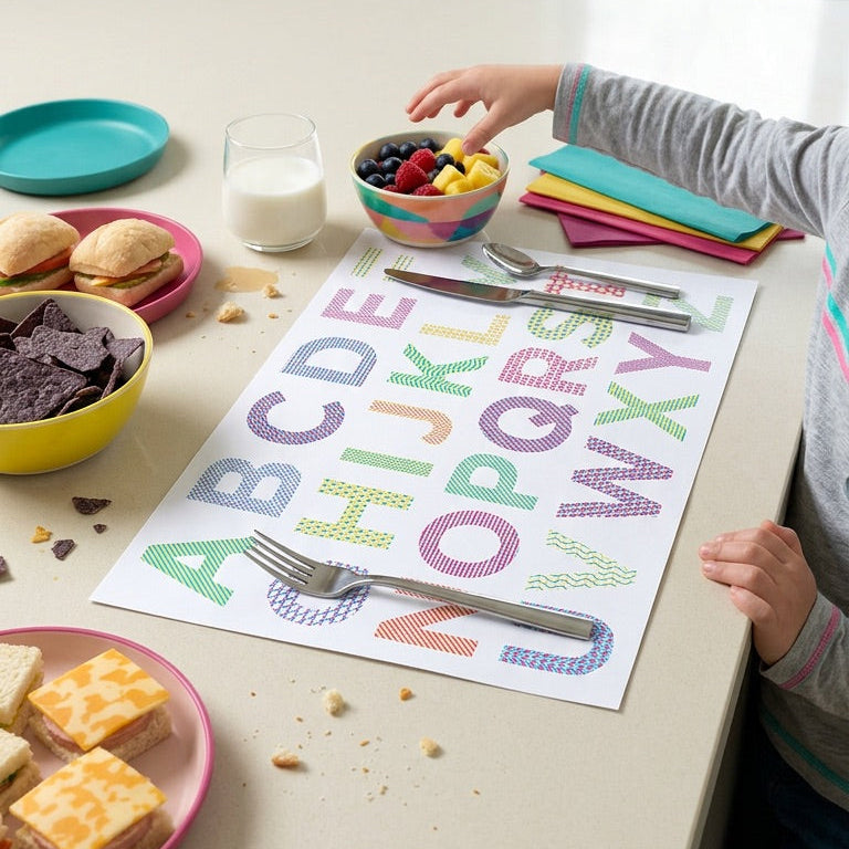 Child at a kitchen table with a colorful alphabet placemat, plates of food, and a fork.