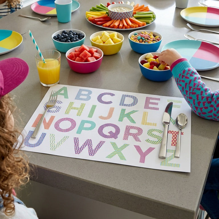 Children's table setting with colorful food and a letter paper placemat in a kitchen.