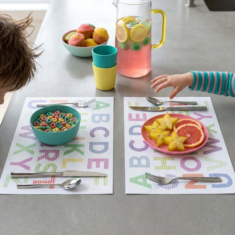 Children at a kitchen table with paper placemats, fruit, and drinks.