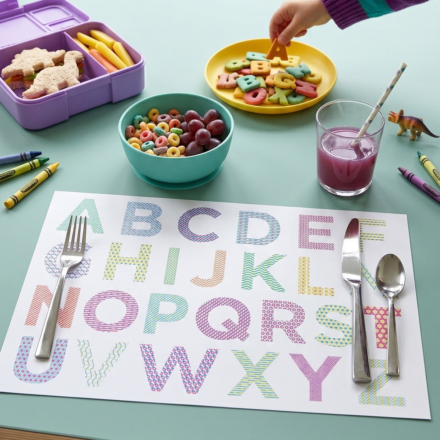 Child at a table with a colorful alphabet paper placemat, eating snacks.