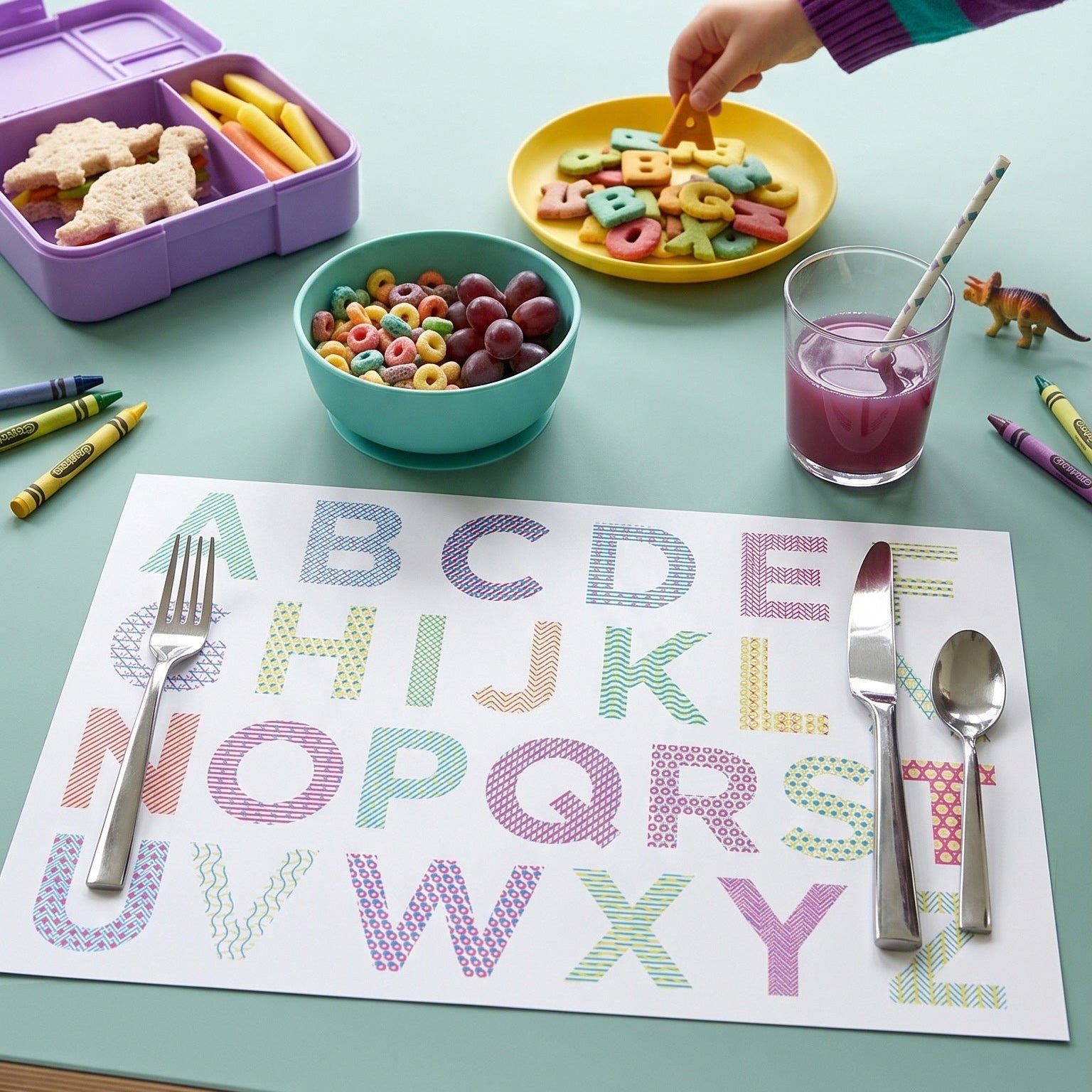 Child at a table with a colorful alphabet paper placemat, eating snacks.