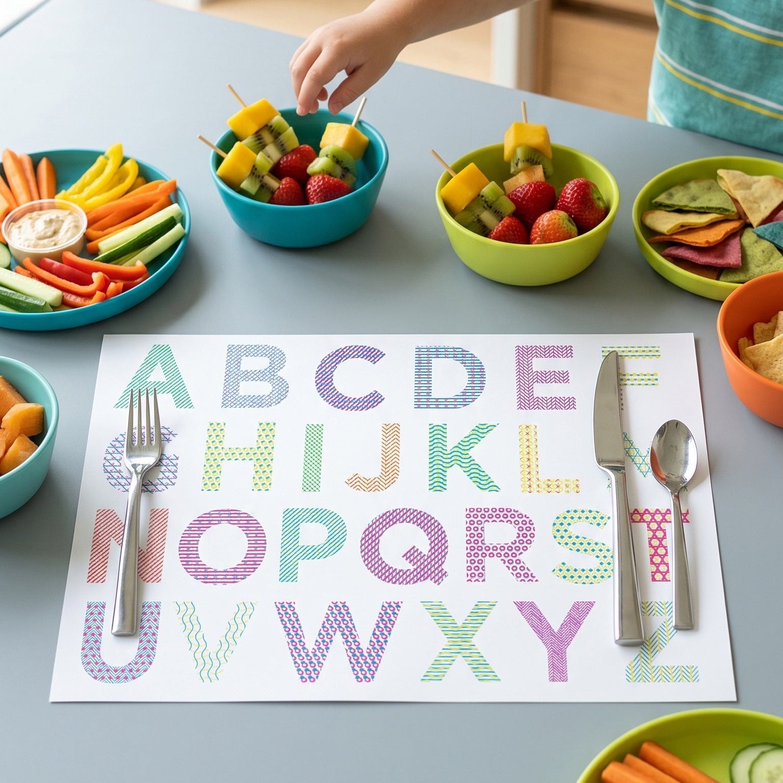 Child arranging fruits and vegetables on a table with an alphabet paper placemat.