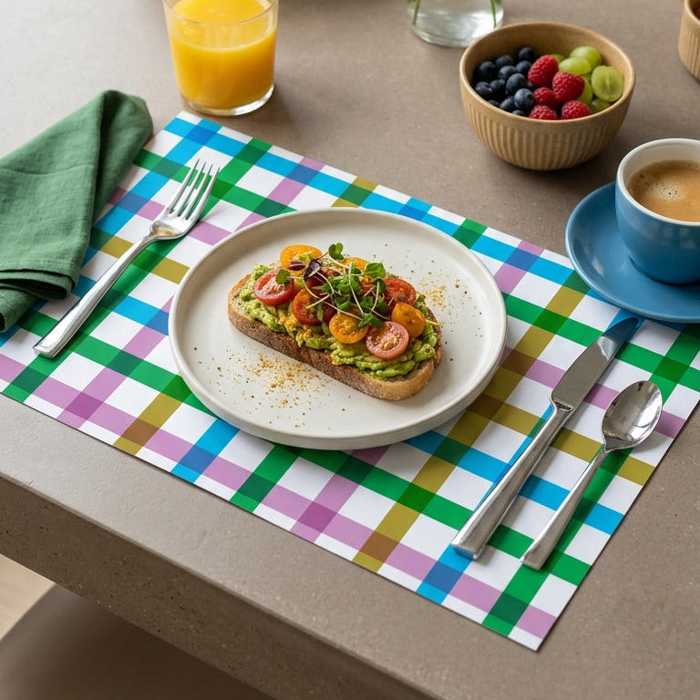 Breakfast scene with toast, fruit, juice, and coffee on a table with a colorful paper placemat.