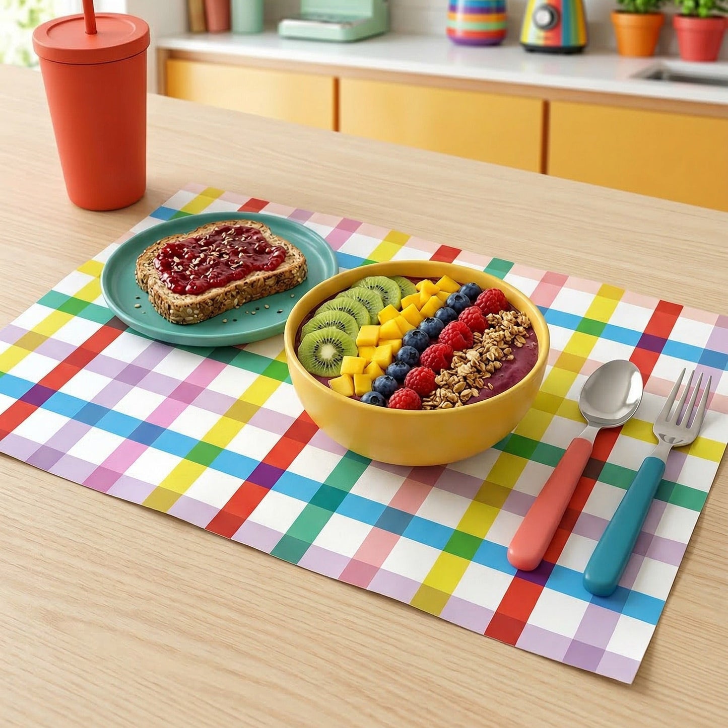 Colorful breakfast setting with a bowl of fruit, toast with jam, and colorful tableware on a checkered paper placemat.