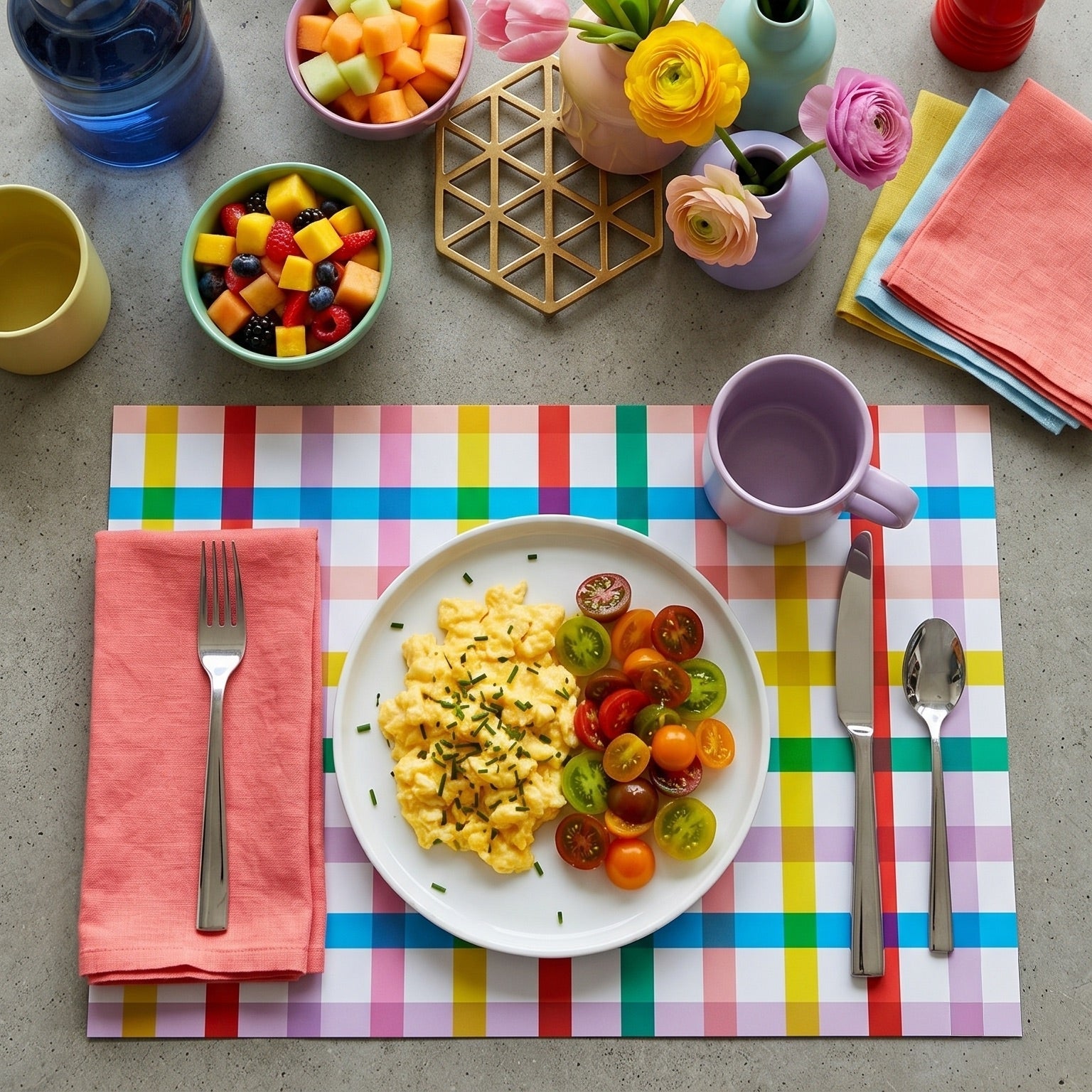 Colorful breakfast setting with plates of food, fruit, and drinks on a checkered paper placemat.