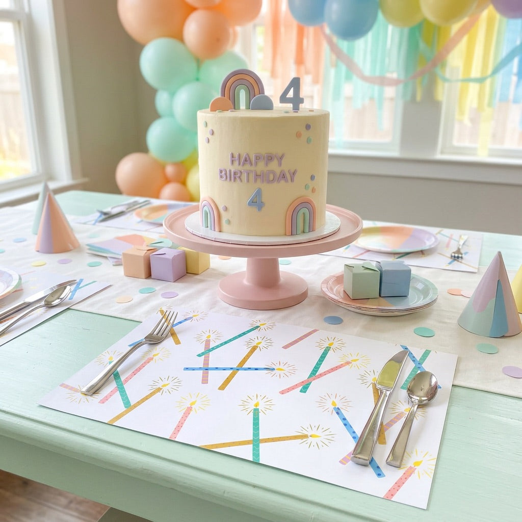 Birthday cake with rainbow decorations on a celebration paper placemat with colorful balloons in the background.