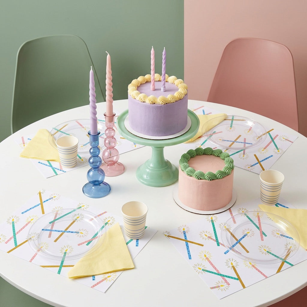 Two small cakes on a table with colorful candle paper placemats.