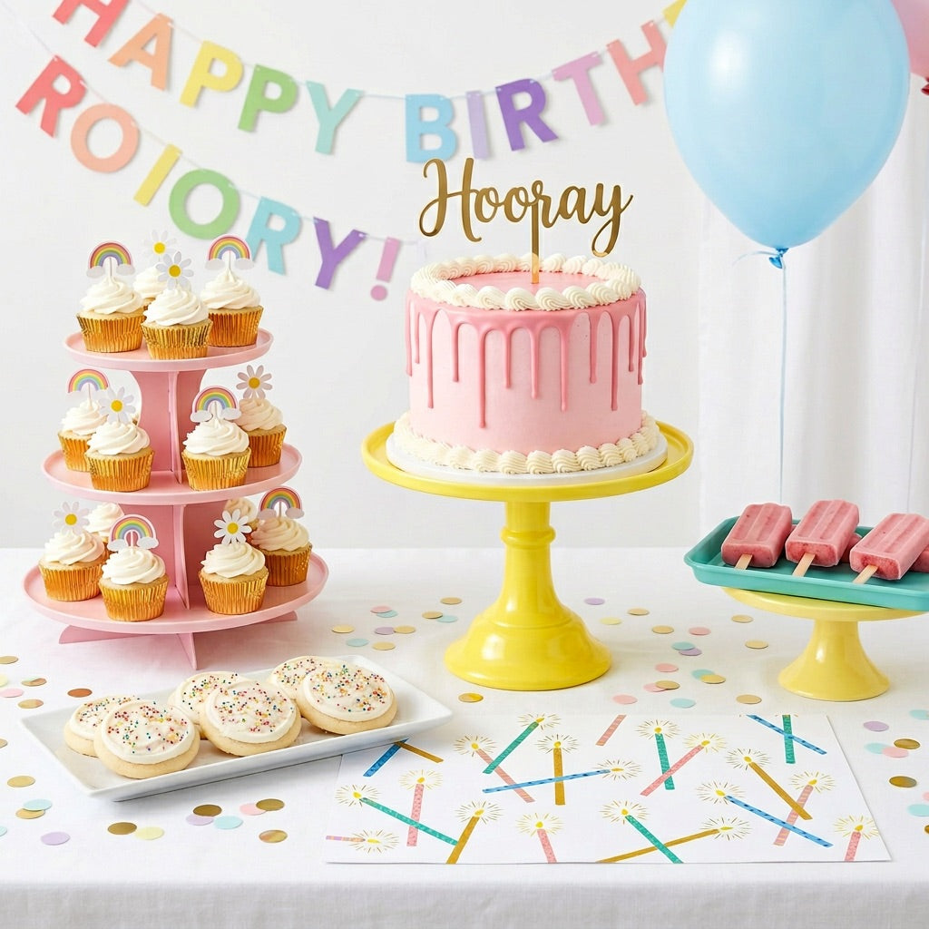 Birthday party setup with pink cake, cupcakes, cookies, and paper placemats.