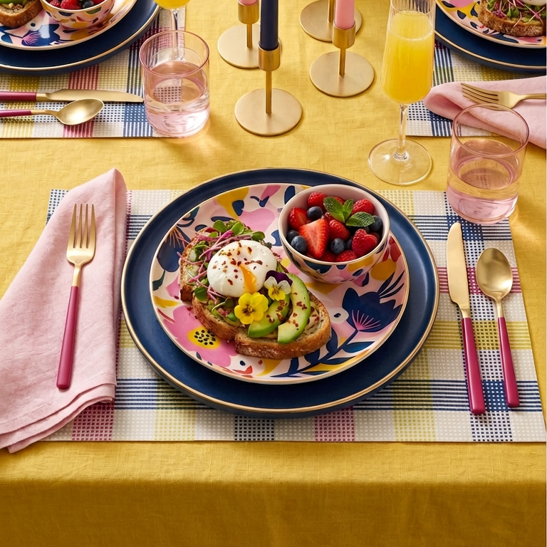 Dining table set with plates, utensils, and colorful paper placemat