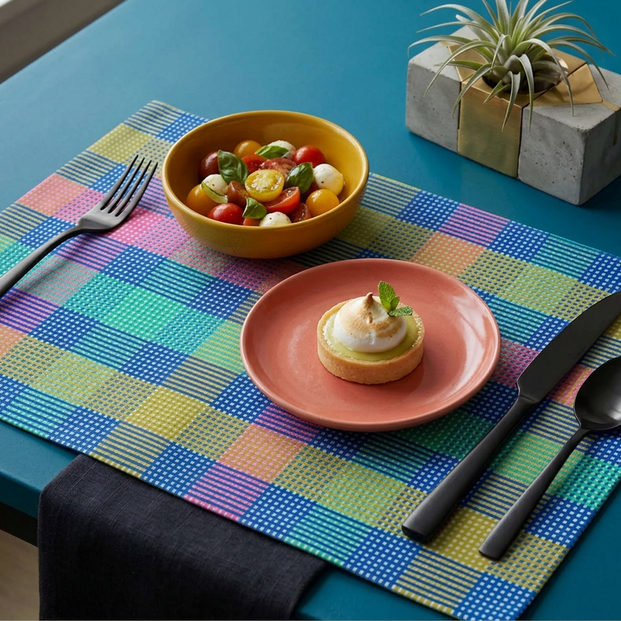 Colorful checkered paper placemat with a bowl of salad, dessert, and cutlery on a blue table.