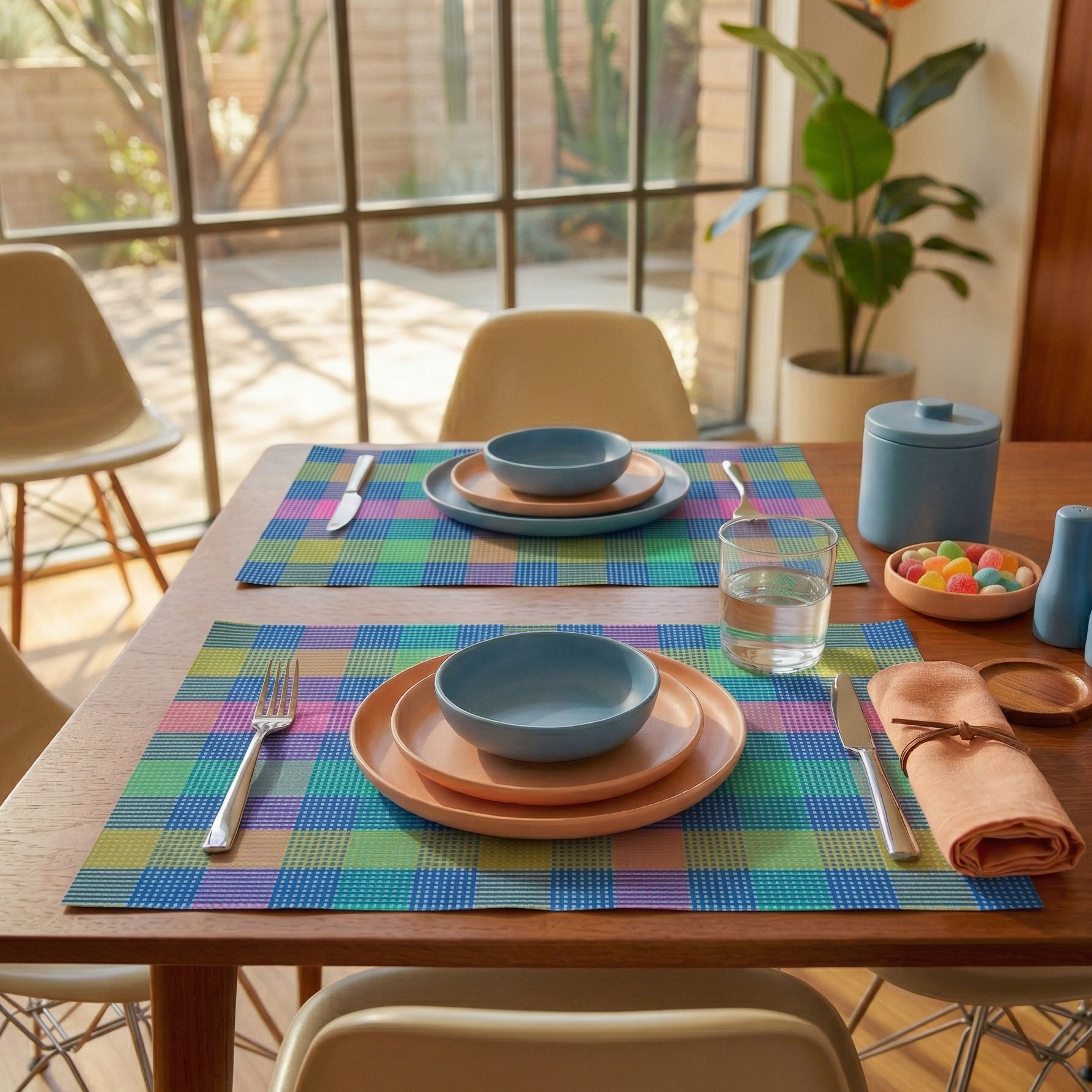Dining table set with colorful paper placemats, plates, and bowls in a bright room.