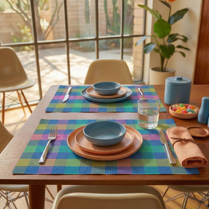 Dining table set with colorful paper placemats, plates, and bowls in a bright room.