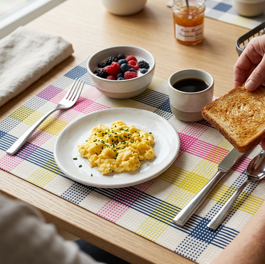 Person holding toast over a plate of scrambled eggs on a breakfast table with a colorful paper placemat.