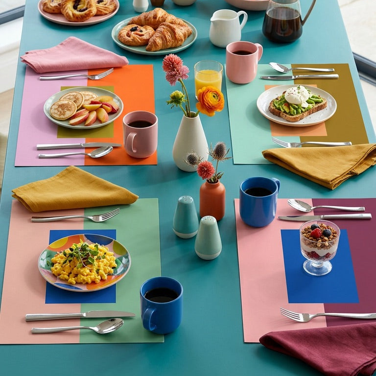 Colorful table setting with food and flowers on a colorful paper placemats.