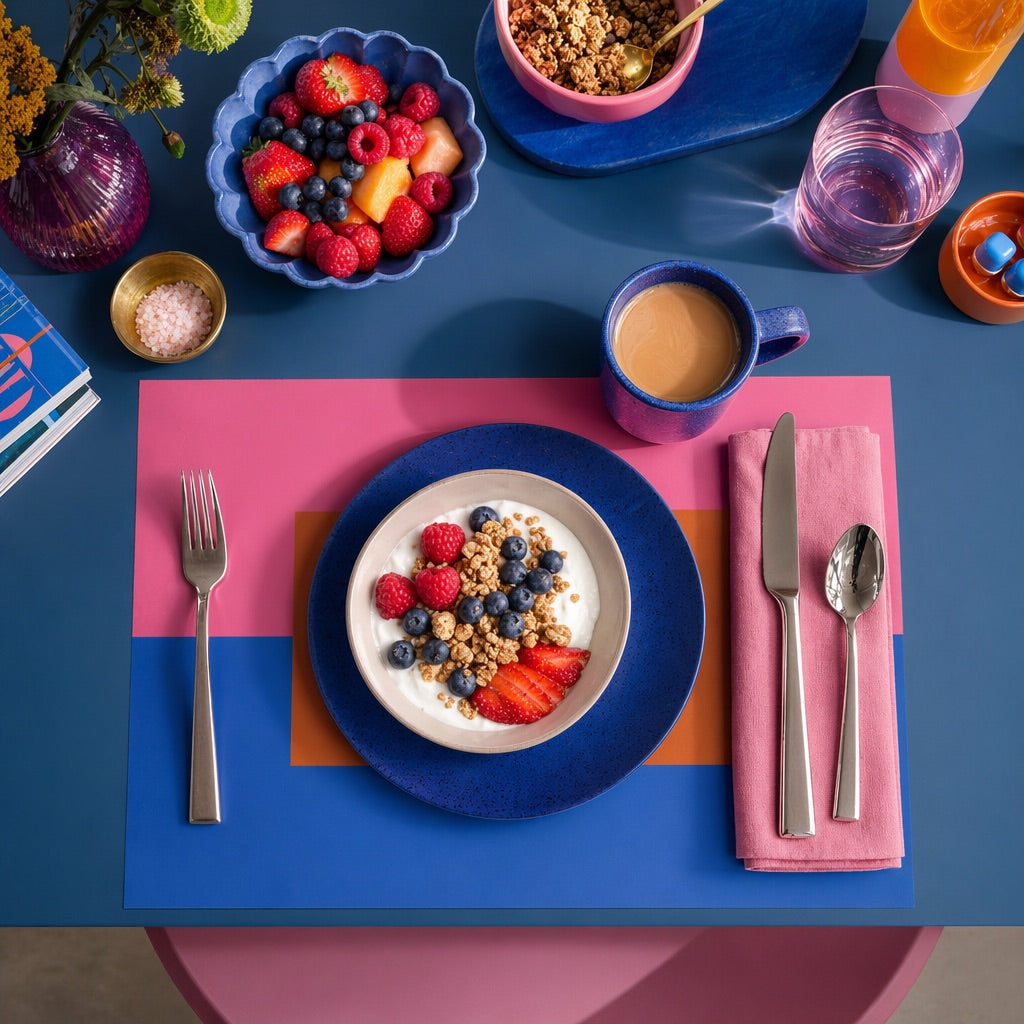 Colorful breakfast setting with a bowl of fruit and granola on a blue and pink paper placemat.