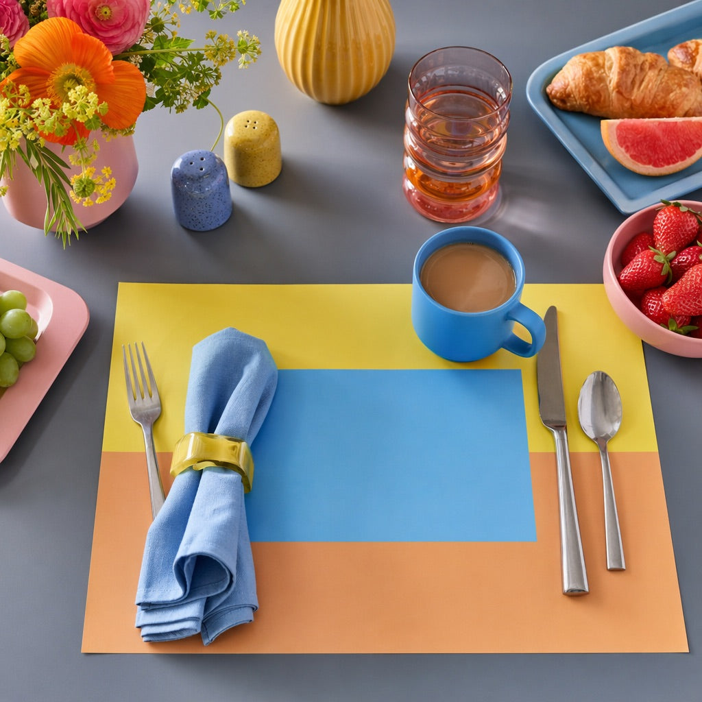 Colorful table setting with a blue mug, yellow and orange paper placemat, and various food items.