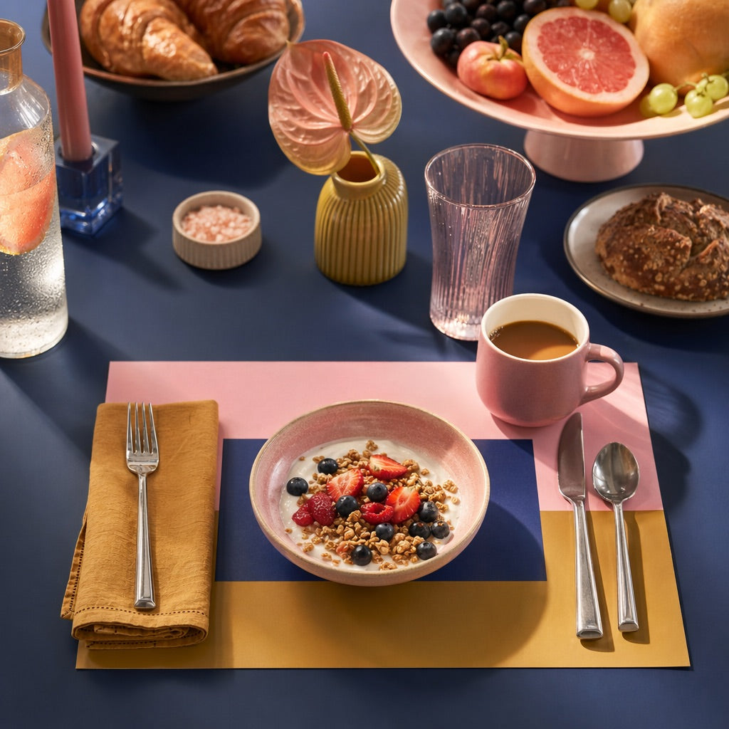 Breakfast table setting with a bowl of cereal, coffee, and fruit on a colorful pink and gold paper placemat.