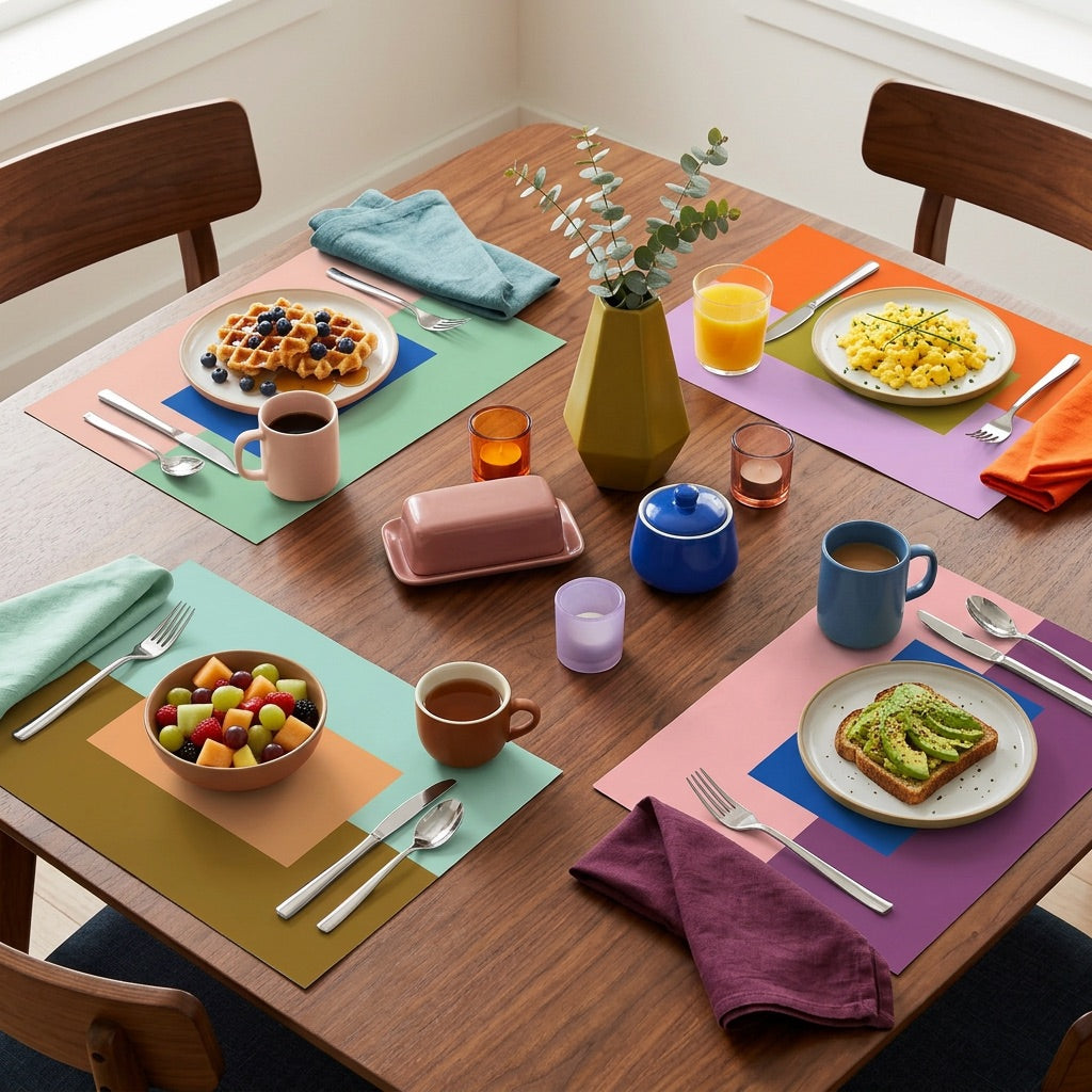 Dining table set with breakfast dishes, colorful paper placemats, and utensils.