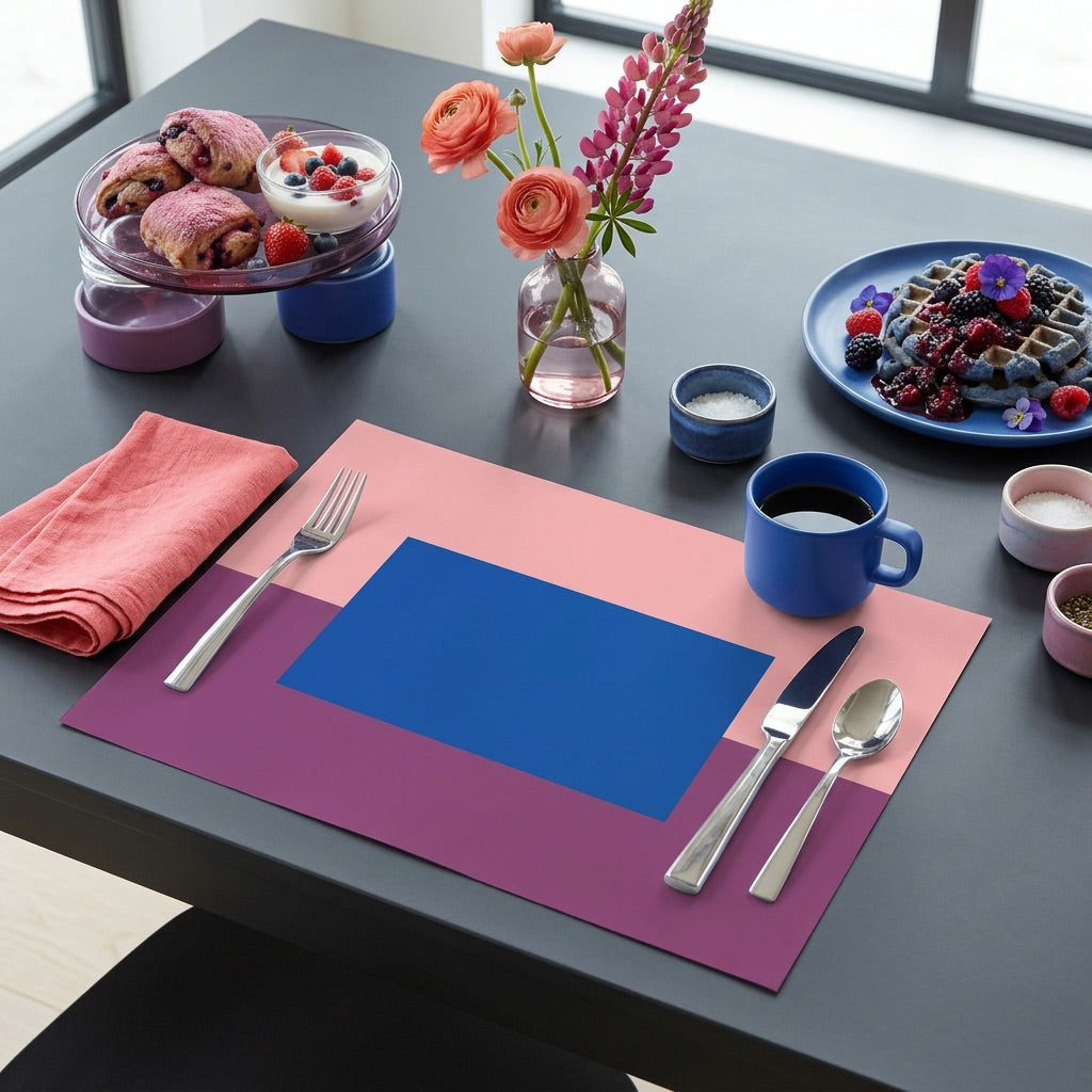 Dining table setting with a pink and blue paper placemat, coffee cup, and assorted foods.