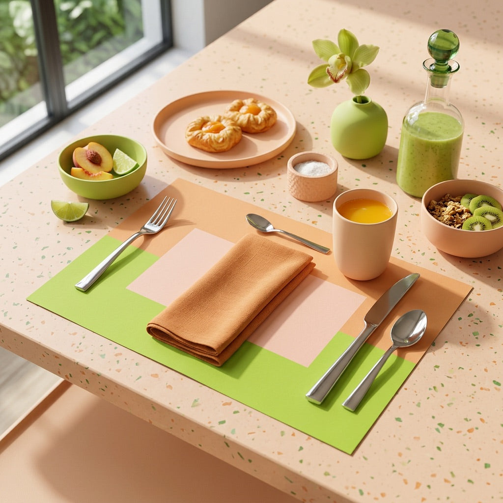 Dining table setup with a colorful paper placemat, cutlery, and small dishes with food.