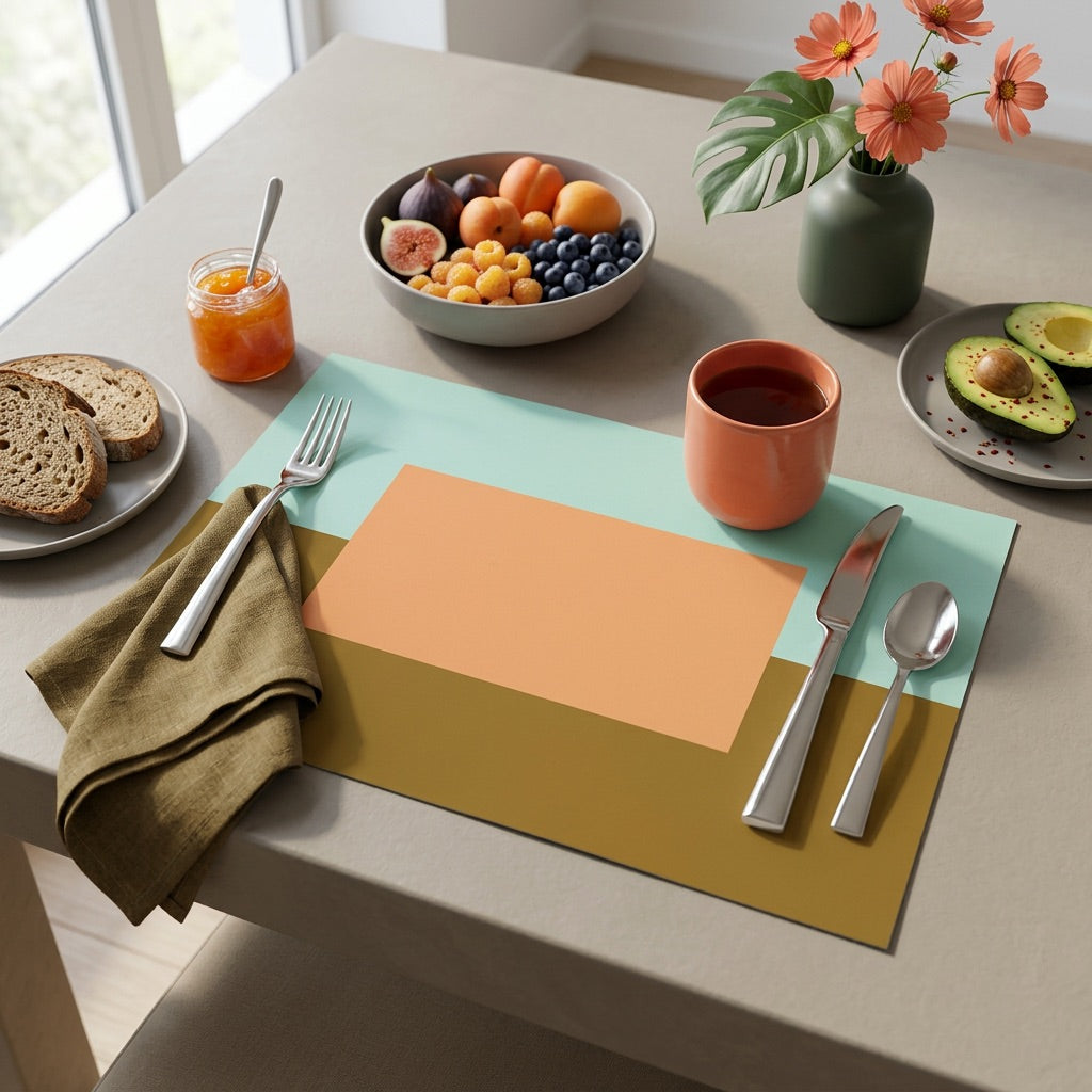 Dining table setting with a colorful paper placemat, fruit bowl, and coffee cup.