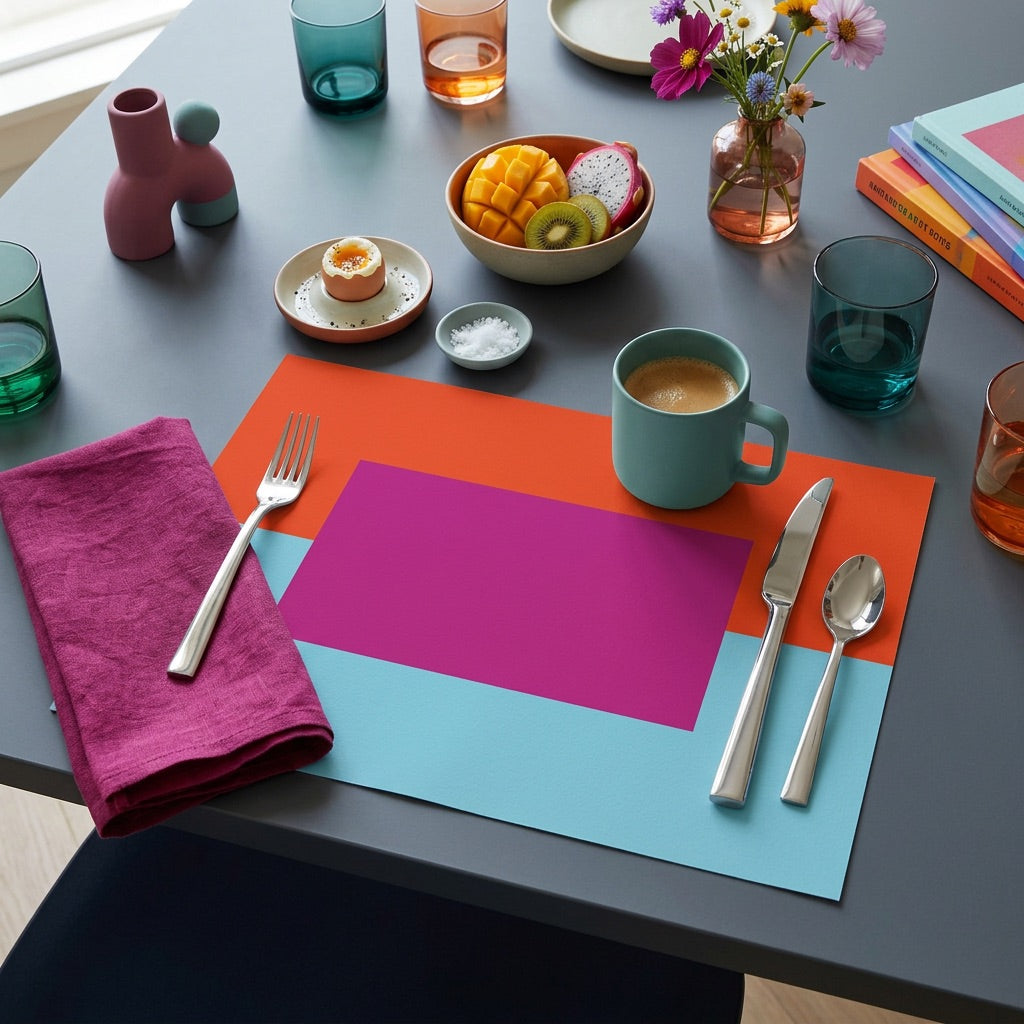 Colorful table setting with a pink and orange paper placemat, coffee cup, and cutlery on a gray table.