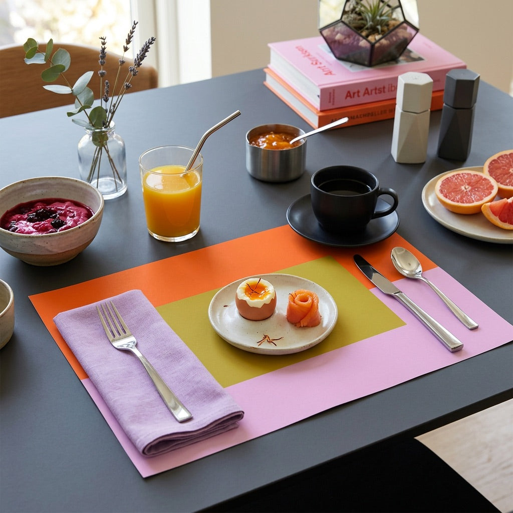 Dining table setting with colorful paper placemats, food, and utensils.