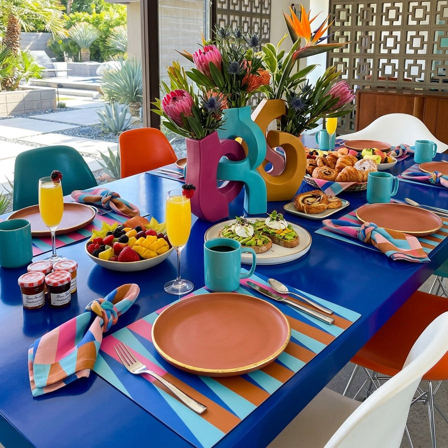 Colorful dining table setting with flowers and colorful paper placemats.