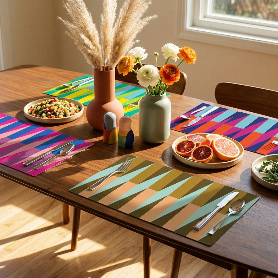 Dining table set with colorful striped paper placemats, cutlery, and a vase with flowers.