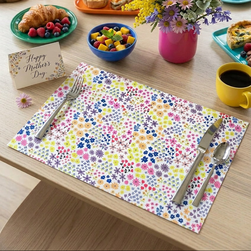 Dining table set for breakfast with colorful floral paper placemats, plates of food, and a 'Happy Mother's Day' card.
