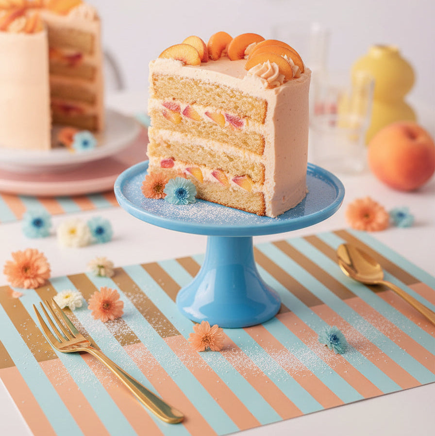 Slice of layered cake on a blue cake stand with decorative elements on a striped paper placemat.